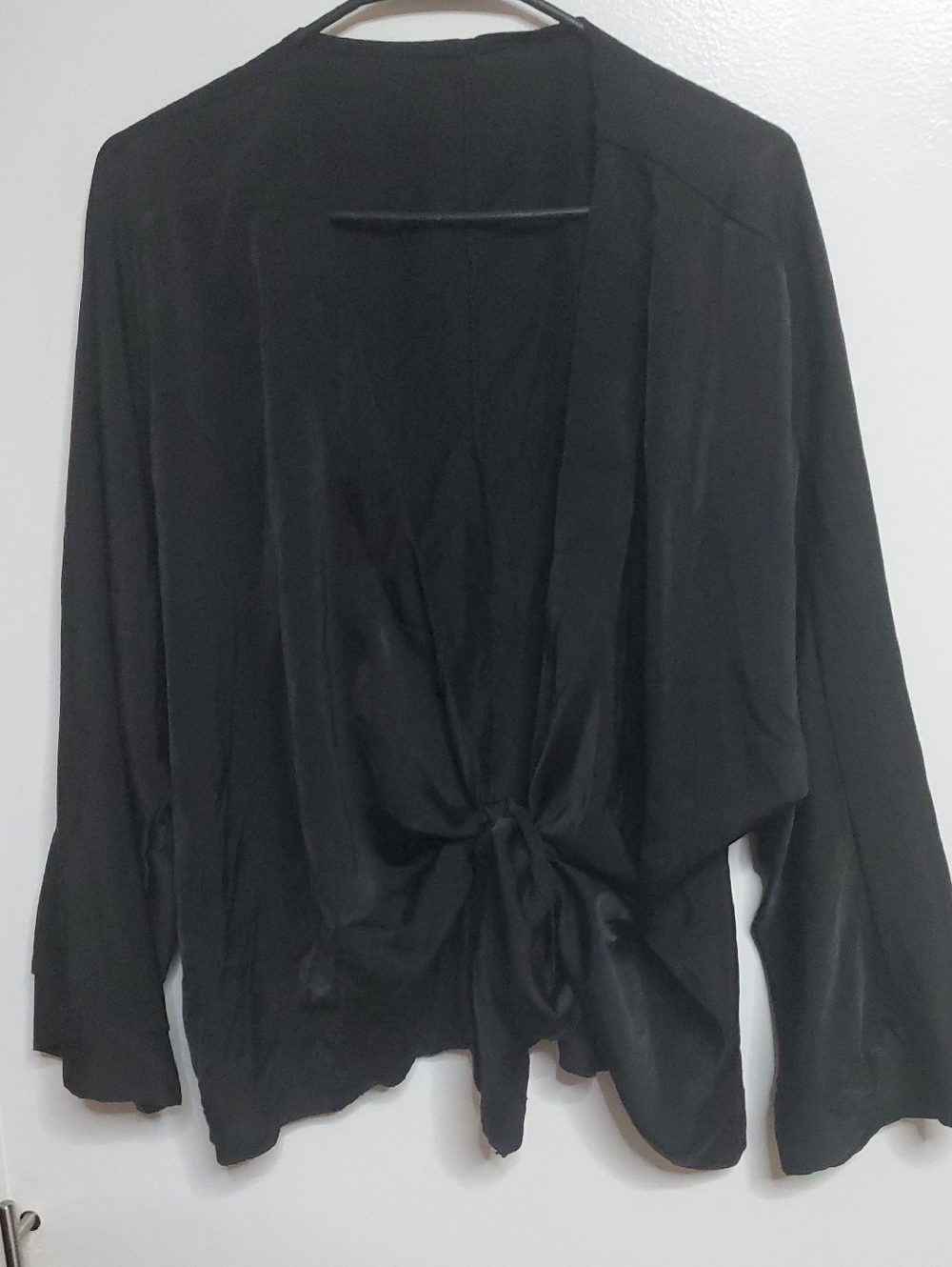 Silk Black Tie-Front Open Cardigan